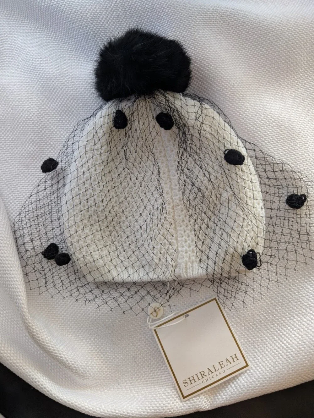 Shiraleah Ivory Knit Beanie Beret with Black Veil and Black Pom